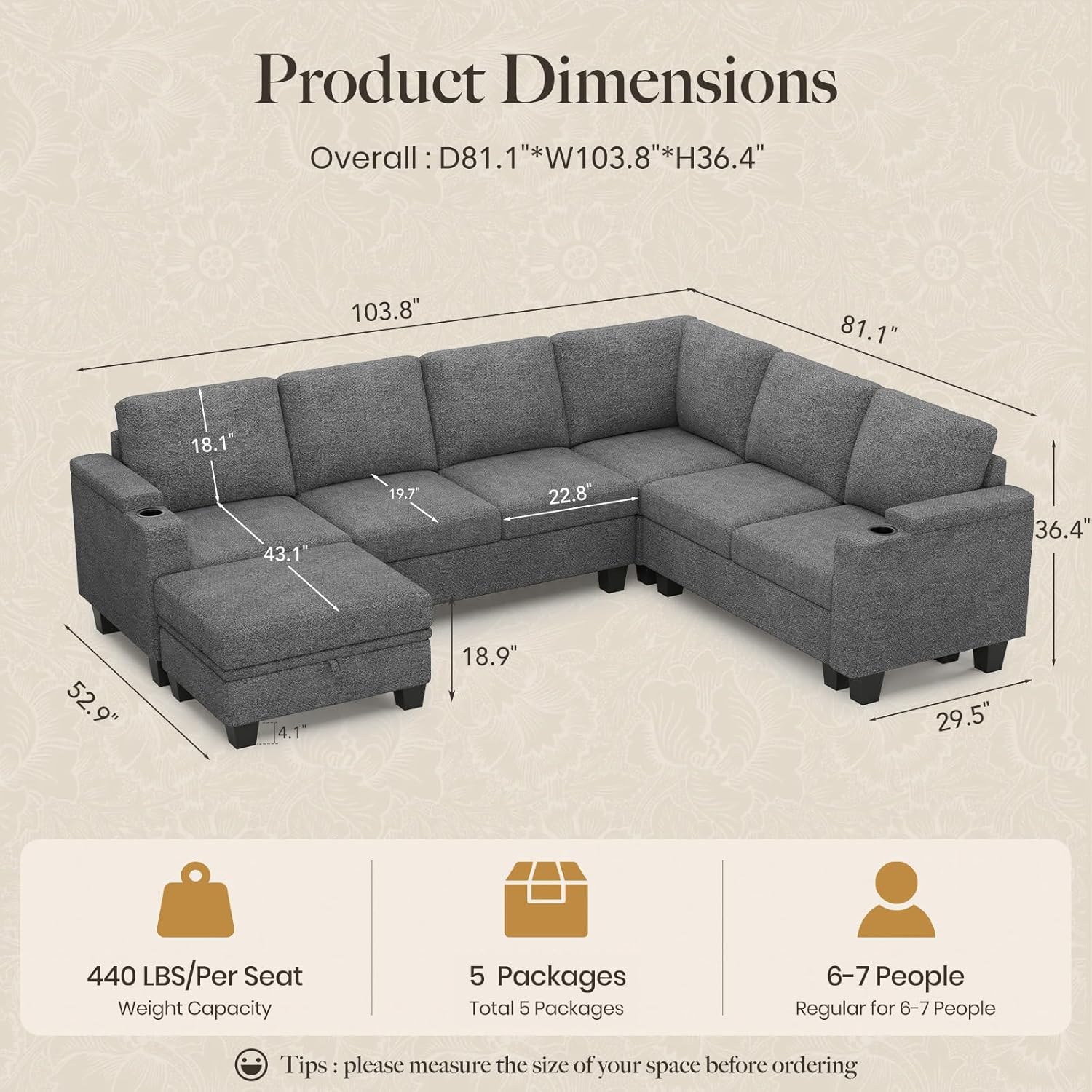 Belffin Chenille Modular Sectional Sofa Convertible L Shaped Corner Couches for Living Room with Storage Armrest with Cup Holder Light Grey Couch