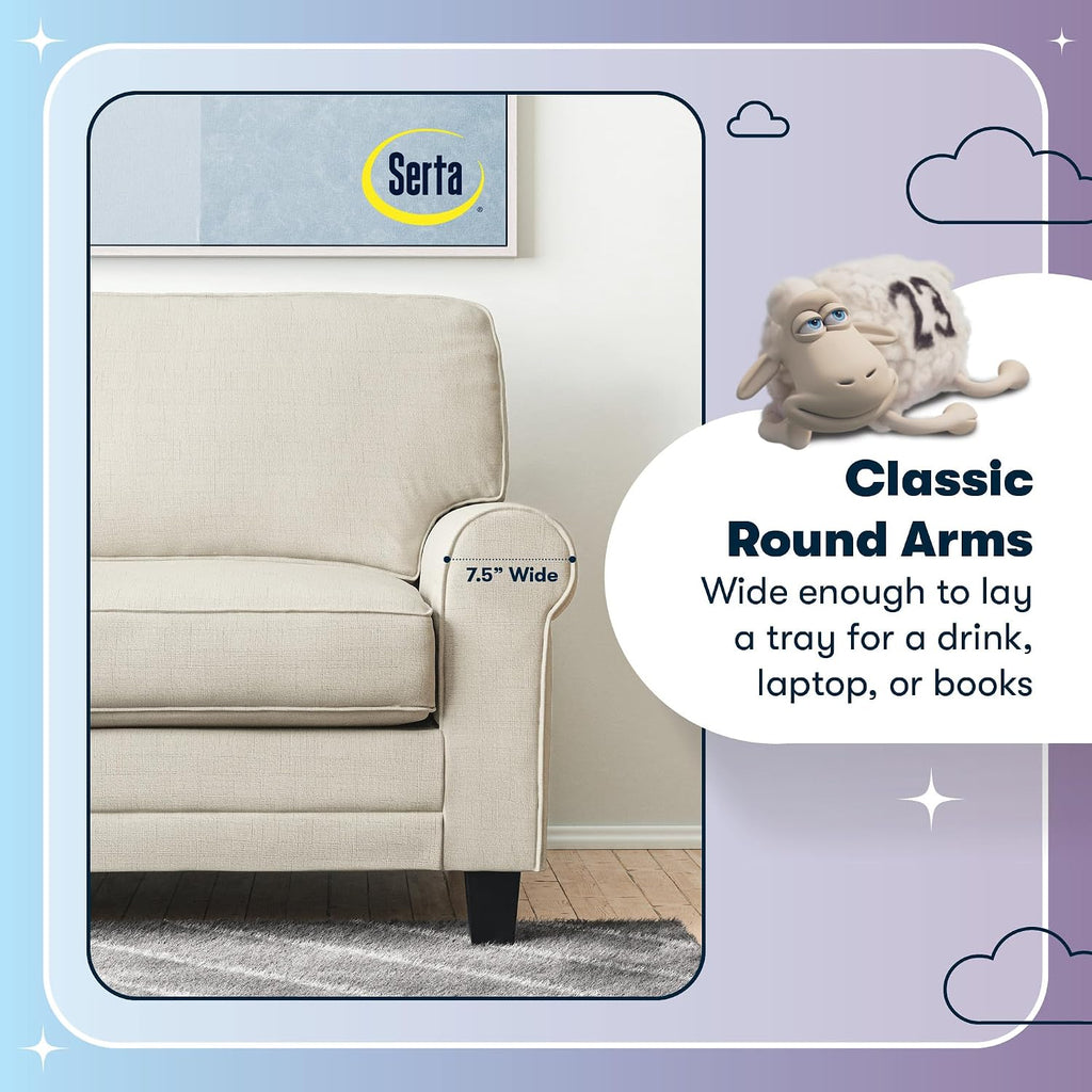 Serta Copenhagen Small Loveseat Sofa, 61 Inch Couch with Rolled Arms, Pocket Coil Seat Cushions, Removable Covers, Easy Care Polyester Upholstery for Living Room, Bedroom or Office, Buttercream