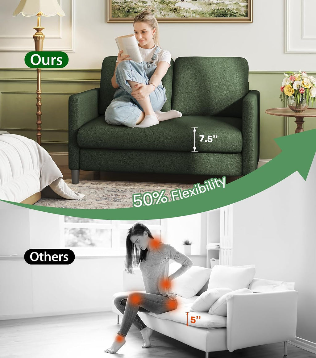 Welzona Loveseat, 51' Small Couch, Comfy Teddy Love Seat for Living Room, Tool-Free Setup Loveseat Sofa for Small Spaces, All-Wood Small Sofa Couch for Bedroom, Green