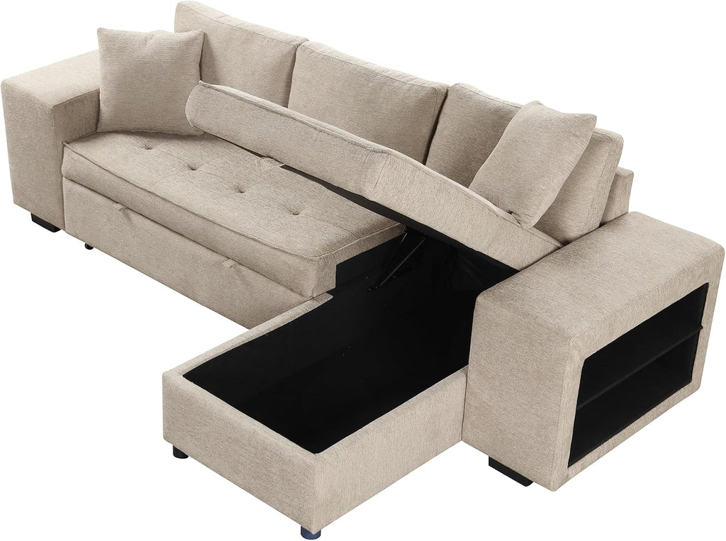 104.5 inch Reversible Sleeper Sectional Sofa with Pull Out Bed , Convertible L Shaped Sectional Couch with Storage Chaise and 2 Stools , Tufted Upholstered Pullout Sofa Bed for Living Room Apartment