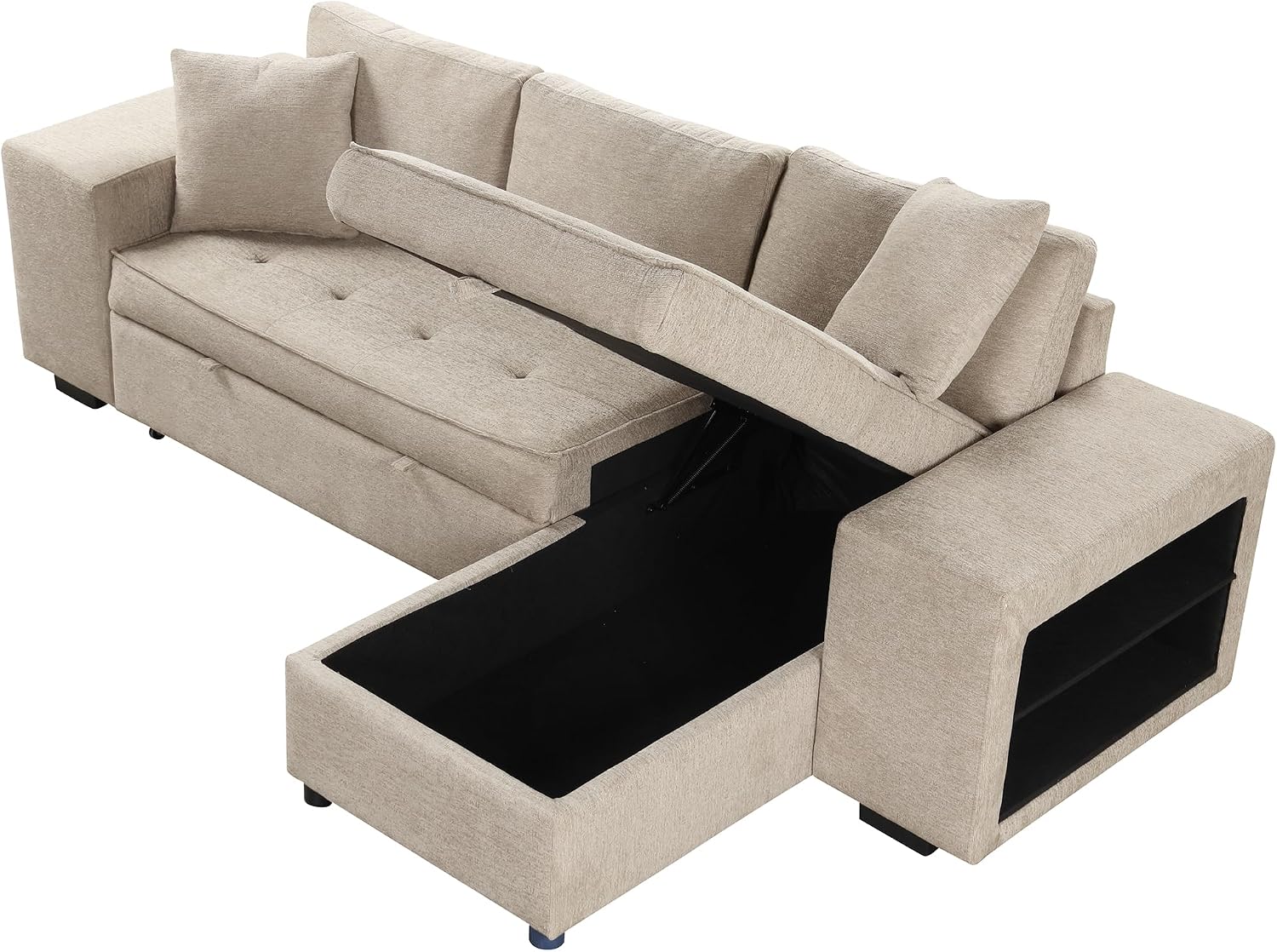 104.5 inch Reversible Sleeper Sectional Sofa with Pull Out Bed , Convertible L Shaped Sectional Couch with Storage Chaise and 2 Stools , Tufted Upholstered Pullout Sofa Bed for Living Room Apartment