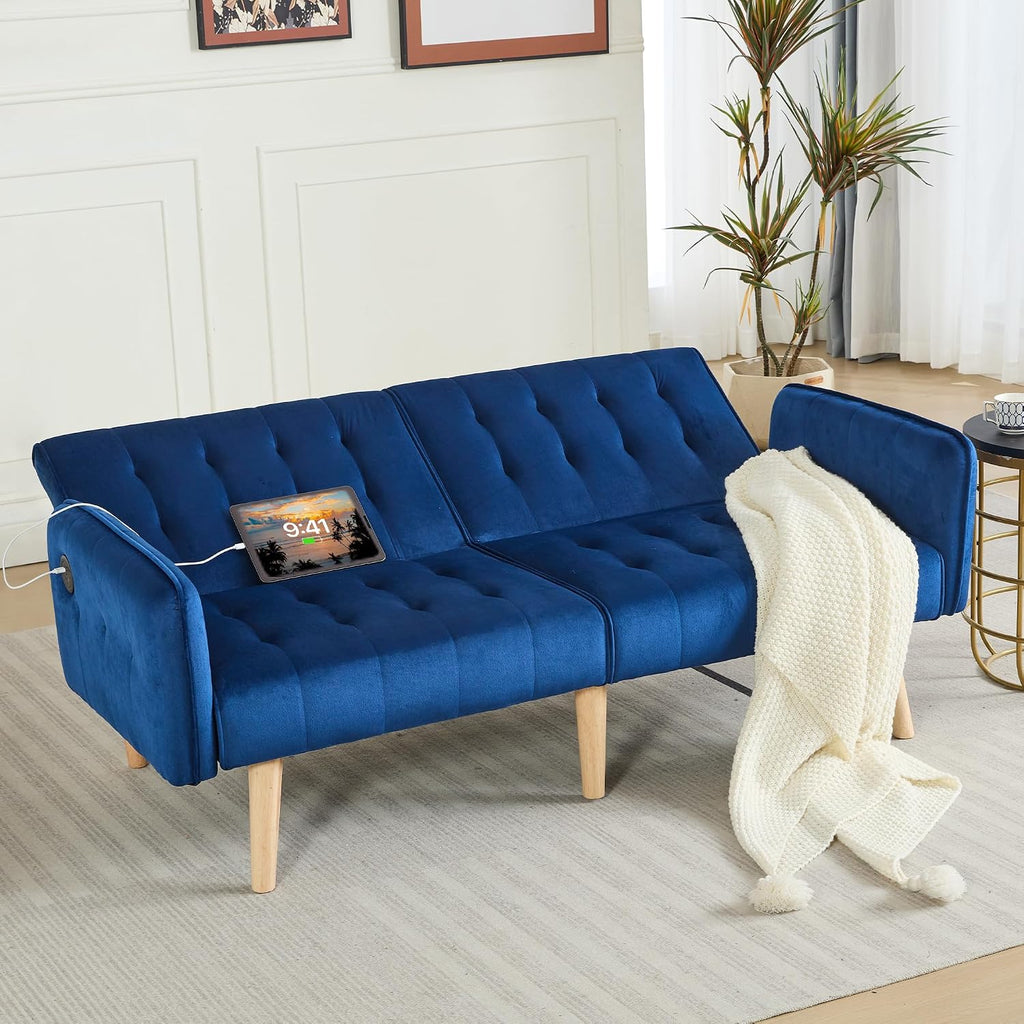 TYBOATLE 62.99' W Velvet Modern Convertible Folding Futon Couch Sofa Bed w/ 2 USB Charging Ports for Compact Living Space, Small Couches for Office, Dorm, RV Room, Apartment, Bedroom (Navy Blue)