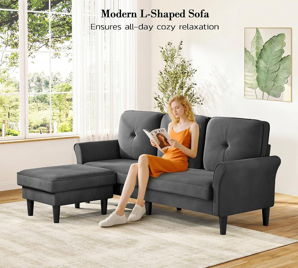 Kidirect 83' Sectional Couch, Velvet L-Shaped Couch 3 Seater Sectional Couches for Living Room, Comfy Fluffy Deep Seat Loveseat, Modular Sectional Sofa with Ottoman for Apartment Office, Grey Couch