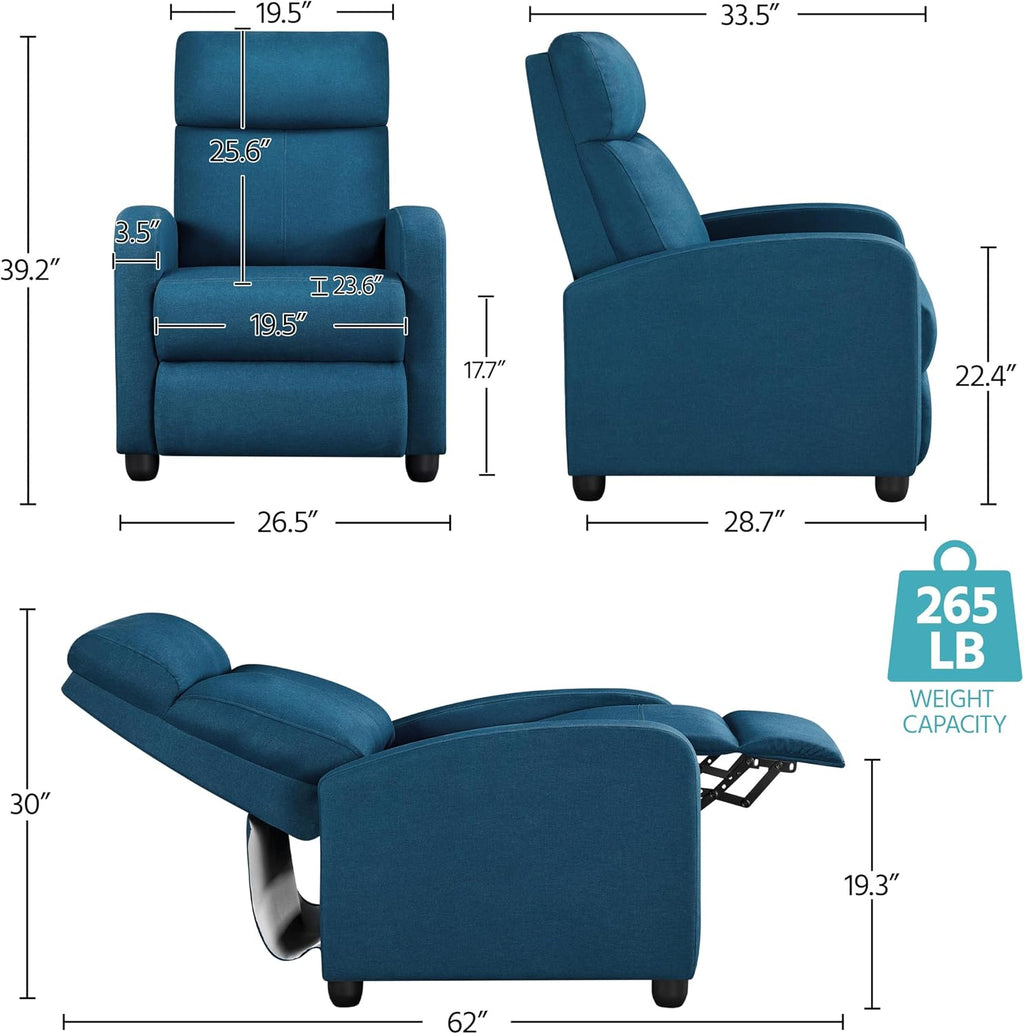 Yaheetech Recliner Chair Fabric Recliner Sofa with Lumbar Support High-Density Foam & Pocket Springs, Home Theater Seating Push Back Armchair for Living Room Blue