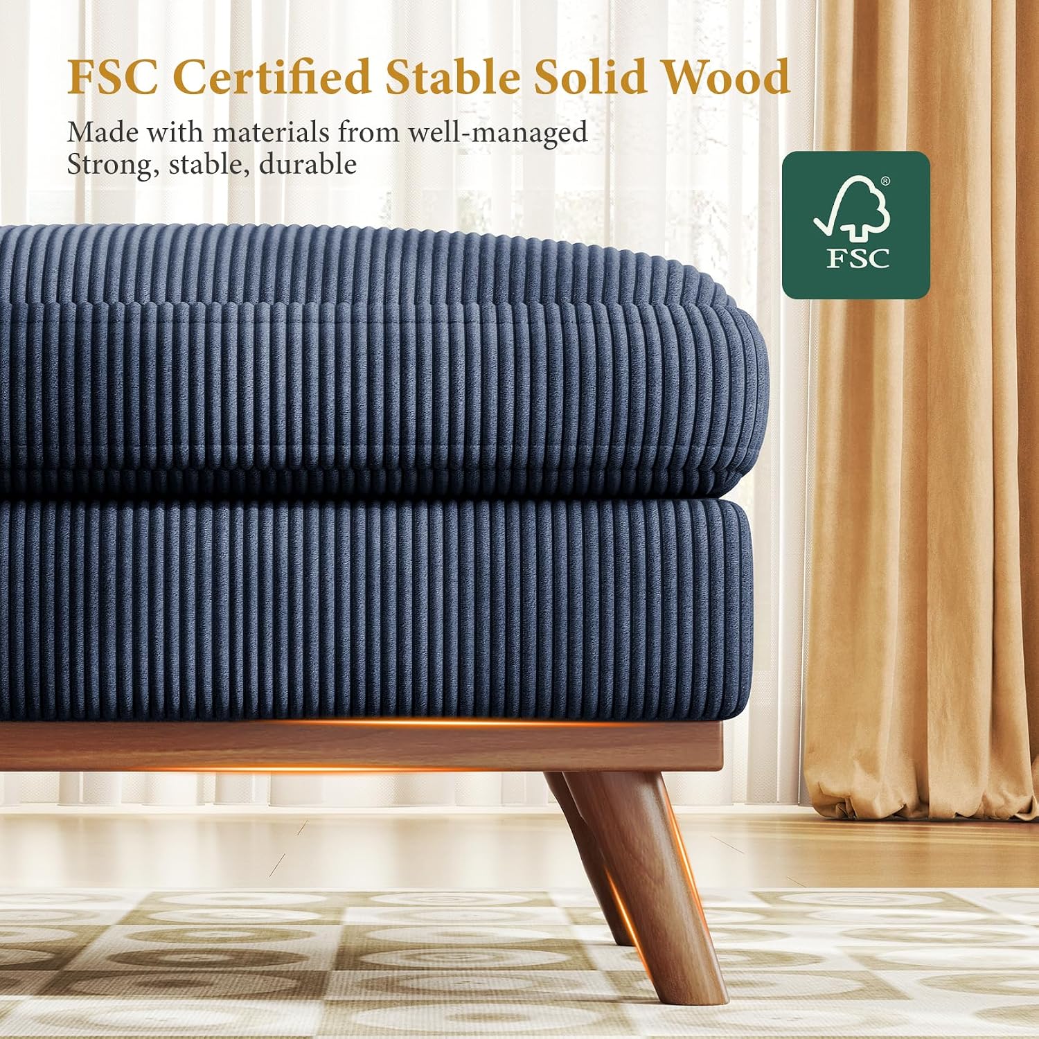 Vesgantti Large Ottoman for Modular Sofa, 29.5' Corduroy Ottoman with Spring Cushion, Rectangle Foot Rest for Couch, Entrance Footstool with Wood Legs, Footstool for Living Room, Bedroom, Dark Blue