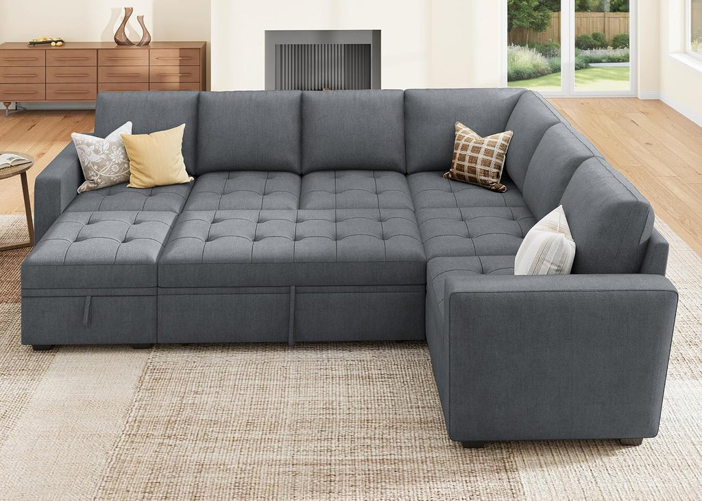 HONBAY Modular Sectional Couch with Pull Out Bed,Moduar Sleeper Sofa with Storage,U Shaped Sectional Couches for Living Room,Bluish Grey