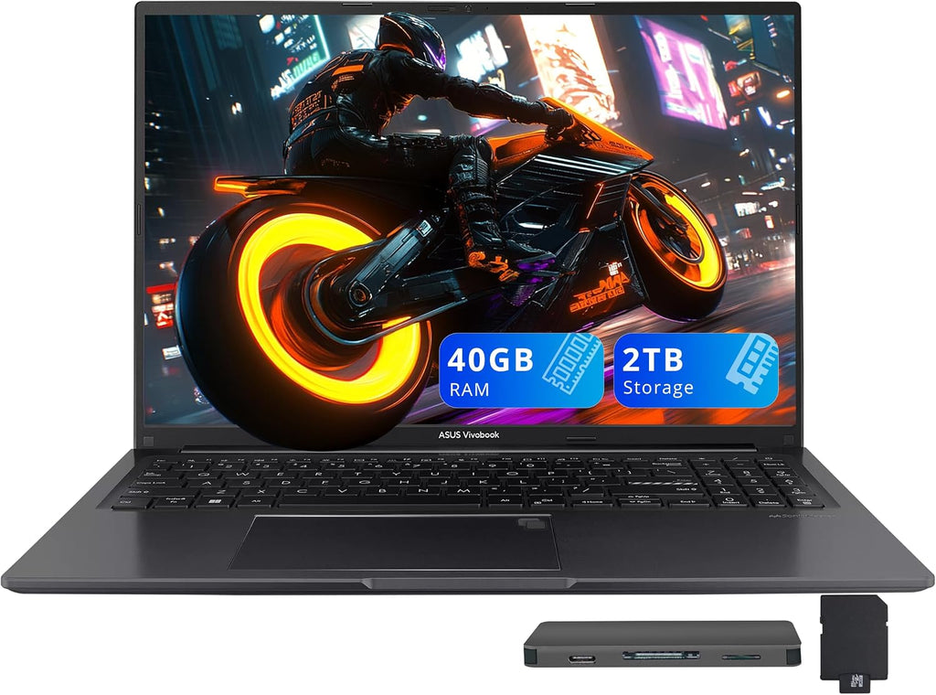 ASUS Vivobook 16' WUXGA Laptop, Intel Core i7-1355U, 40GB RAM, 2TB Storage(1TB SSD+1TB Docking Station Set), Iris Xe Graphics, Backlit Keyboard, Number Pad, Fingerprint, Webcam, Win 11, Black