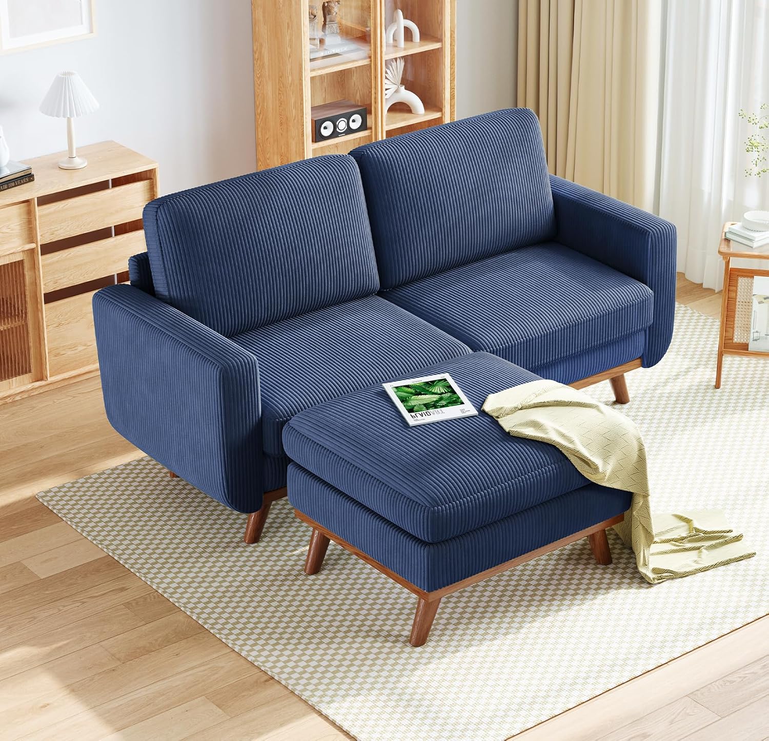 Vesgantti 68' Loveseat Sofa with Movable Ottoman, Comfy Corduroy Couch with Spring Cushion, Sofa Couch with Solid Wood, Modern Office Sofa with Deep Seat for Living Room and Bedroom, Dark Blue