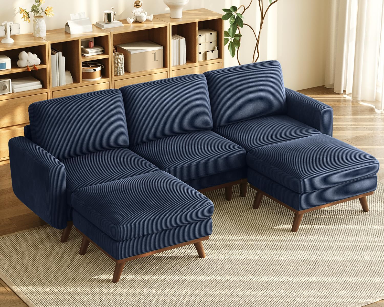 Vesgantti 97' Modular Sectional Sofa Dark Blue, U-Shaped Couch with Movable Ottoman, Comfy Corduroy Couch with Spring Cushion, Modular Sofa with Deep Seat for Living Room, Bedroom and Apartment