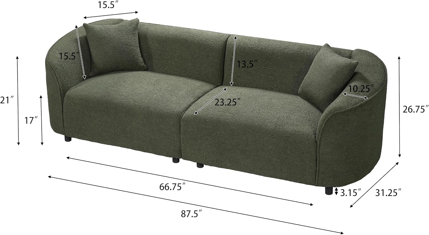 Christopher Knight Home Sabbo 87.50' Boucle Upholstered Couch, Oversized 2 Seater Sofa, Curved Soft Seating Lounge Sofa Chair, Cozy Loveseat with Armrest, Reading Sofa for Living Room Home Rest, Green