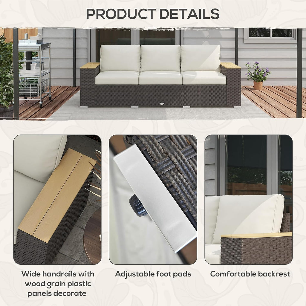 Outsunny 3-Seat Outdoor Patio Sofa with 24.5' Extra Wide Deep Seats, PE Wicker Sofa with Wide Wood Effect Armrests and 4' Cushions, Rattan Outdoor Couch for Porch, Garden, Poolside, Beige