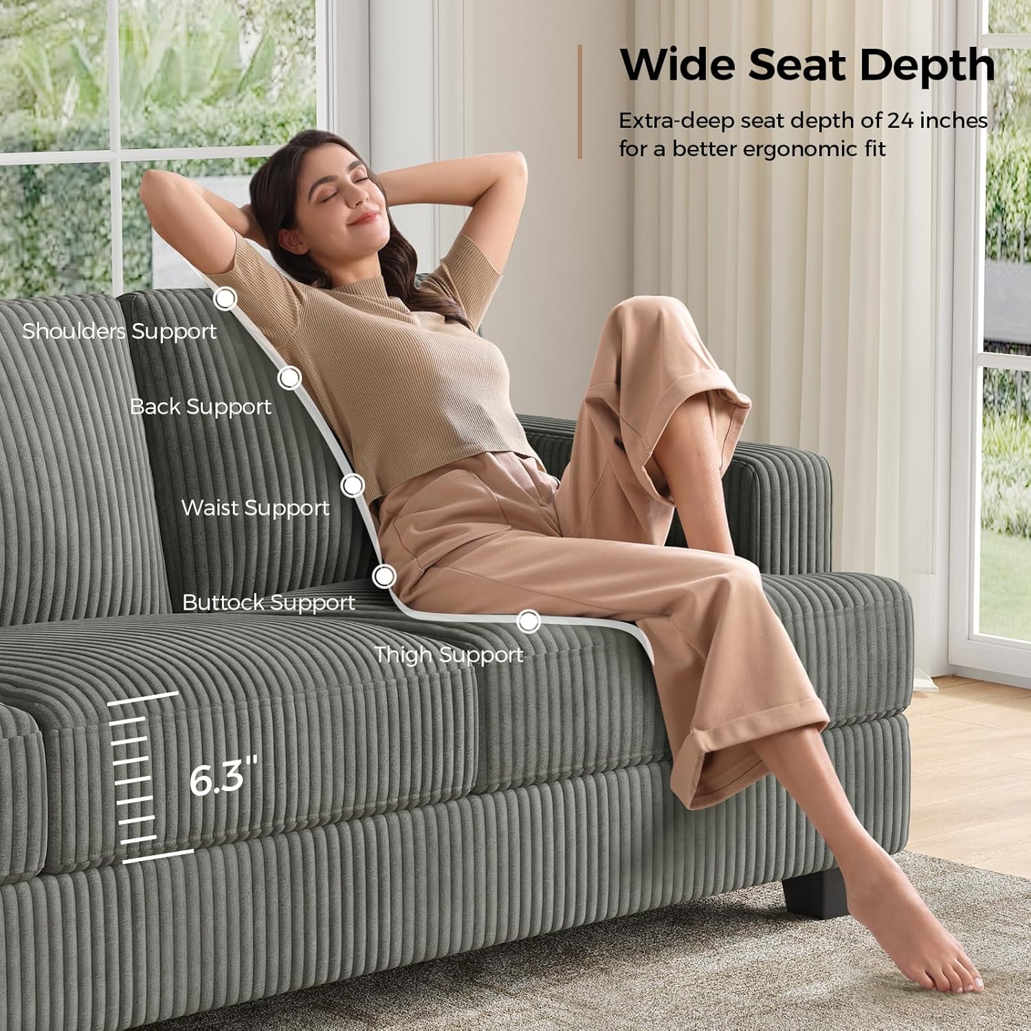 COPIAE 89 Inch Sofa with Extra Deep Seats Oversize, 3 Seater Sofa for Living Room, Modern Couch and Sofa, Comfy Armrests and Seats and Backrests, Easy Installation,Wide Corduroy Fabric Dark Grey