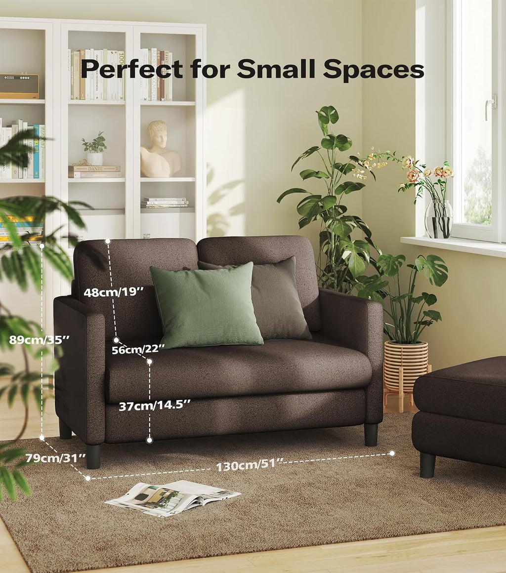 Welzona Loveseat, 51' Small Couch, Comfy Teddy Love Seat for Living Room, Tool-Free Setup Loveseat Sofa for Small Spaces, All-Wood Small Sofa Couch for Bedroom, Brown