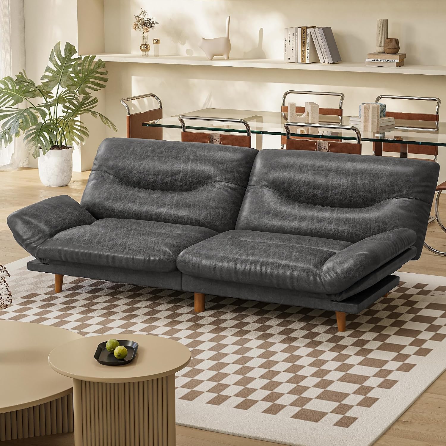 Homall Futon Sofa Bed, Modern Loveseat Futon Couch with Adjustable Backrest and Armrests, Sleeper Sofa Bed with Wood Frame for Living Room, Office, Apartment (Leathaire, Coal Black)