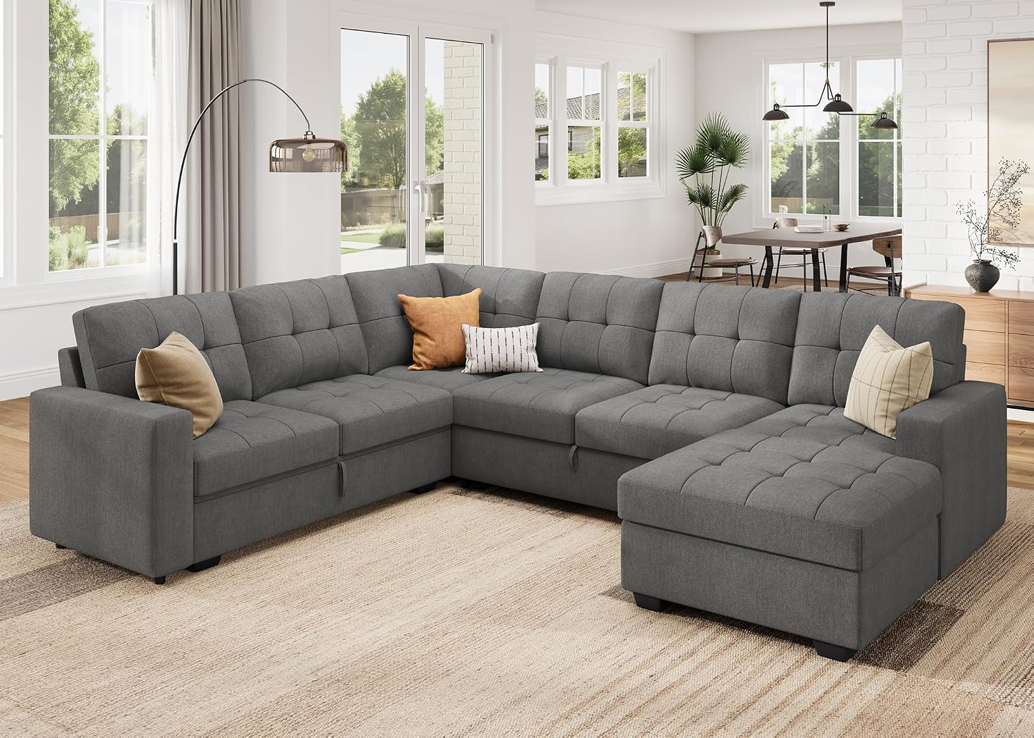 HONBAY Sleeper Sofa Bed with Storage Chaise, Sectional Couch with Pull Out Bed, U Shaped Sectional Sleeper Sofa Couch, Grey