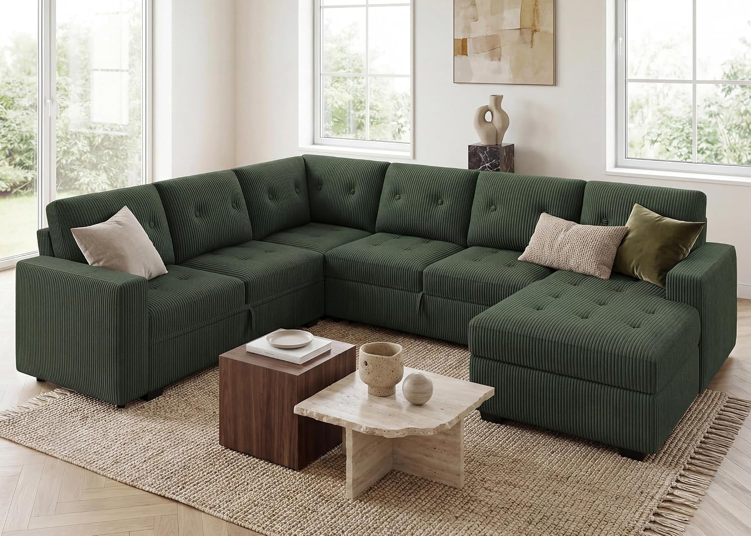 HONBAY Sectional Sleeper Sofa Bed with Storage Chaise, Sleeper Sectional Pull-Out Sofa, Sectional Sleeper Couch for Living Room, Velvet Green