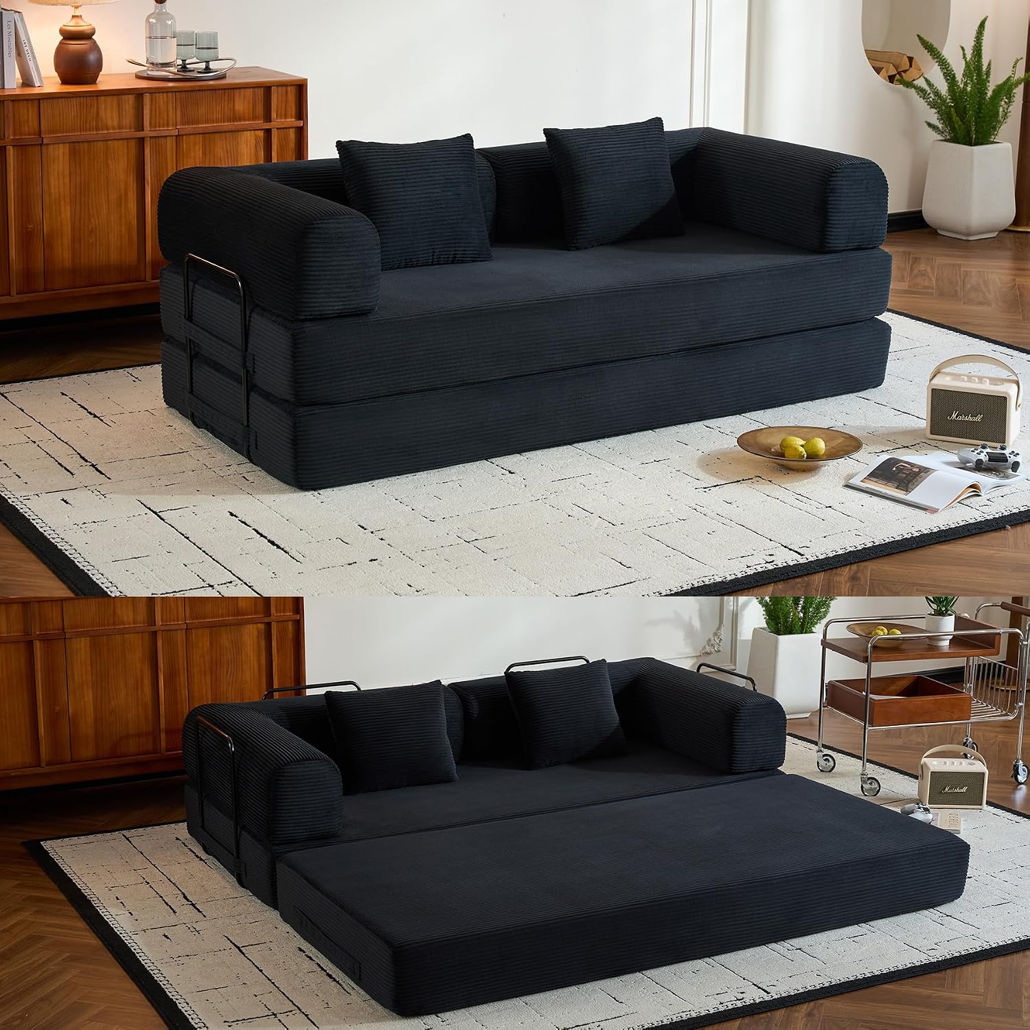 ZEIINPA Convertible Sleeper Sofa Bed with Fixed-Shape Frame, Corduroy Folding Boneless Couch with Cylindrical Pillow, Comfy Floor Sofa Couch for Living Room, No Assembly Required, Black