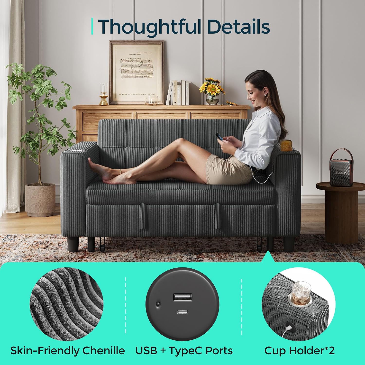 LINSY Sleeper Sofa Bed, 54' Pull Out Couch with Charging Station & Cup Holder, Small 3 in 1 Convertible Loveseat Sleeper Couch for Apartment, Dorm Room, Bedroom and Small Space, Corduroy Gray