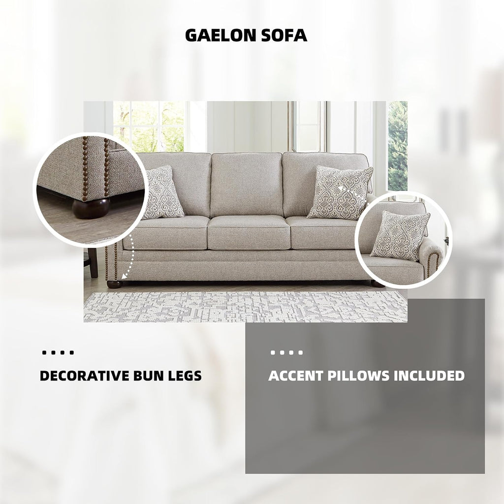 Signature Design by Ashley Gaelon Transitional Sofa with Nailheads and 2 Accent Pillows, Beige