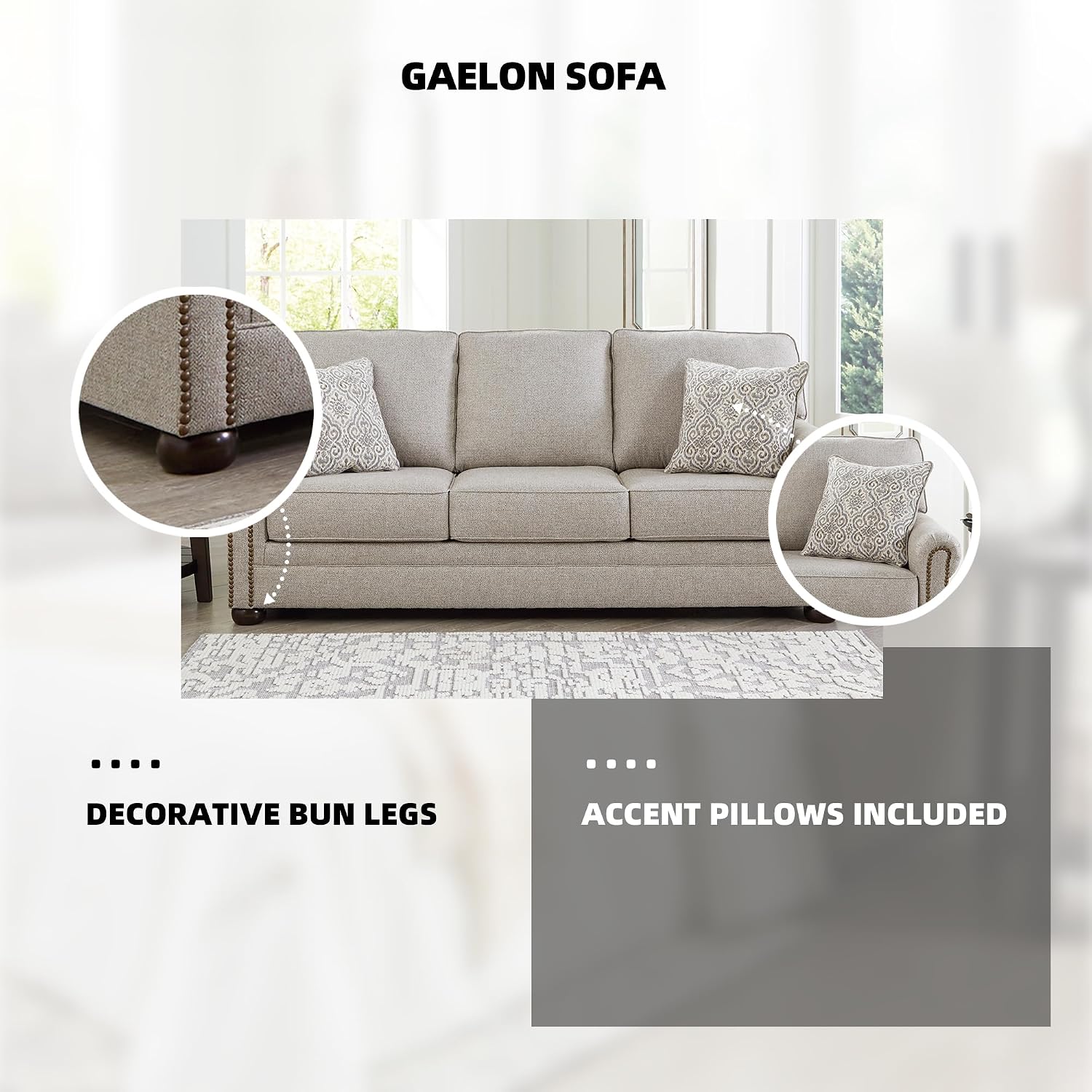 Signature Design by Ashley Gaelon Transitional Sofa with Nailheads and 2 Accent Pillows, Beige