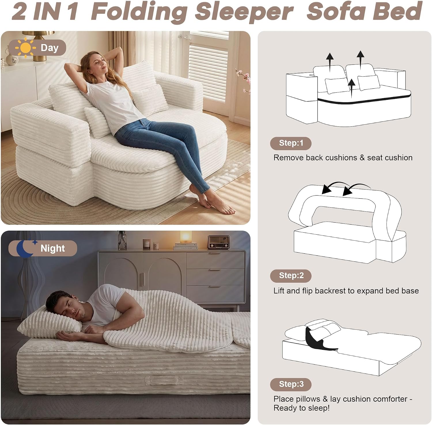 75'' Folding Sleeper Sofa Bed, Convertible Memory Foam Boneless Couch, Foldable Full Size Guest Bed, Modern 2-in-1 Futon Floor Sleeper Sofa with 4 Pillows and Blanket (Corduroy, Beige)