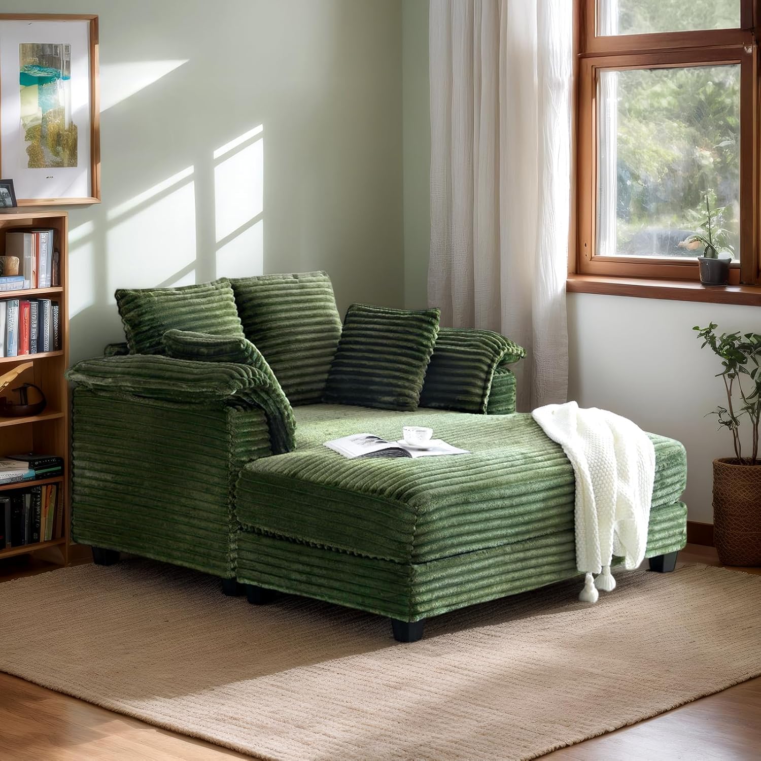 VINGLI Lounge Chair, 56' Oversized Reading Chair Corduroy Chaise Sofa Recliner Bed Upholstered Comfy Sleeper Couch with Throw Pillows and Armrests for Living Room, Movie Room, Bedroom