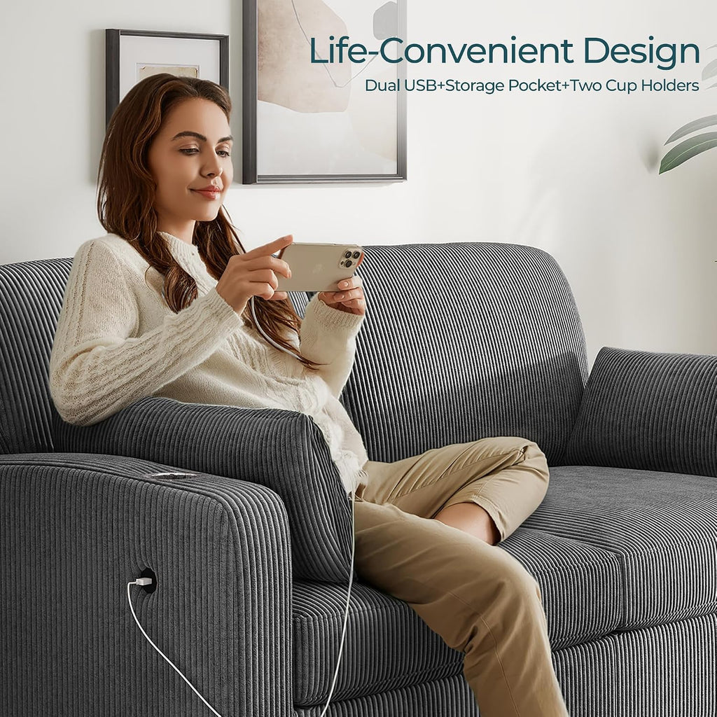 LINSY HOME Pull Out Sofa Bed - Convertible Loveseat Sleeper Sofa, Upgraded Bed Frame Pullout Couch - USB Charging & Cup Holders, Corduroy Sofa Bed for Living Room Small Space, Queen Size (Grey)