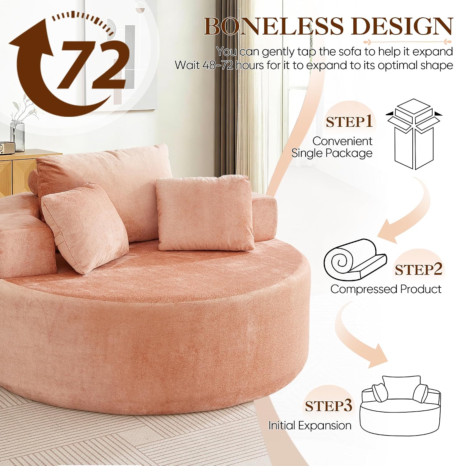 Antetek Oversized Round Chaise Longue Chair Indoor, Modern 55-inch Upholstered Terry Fabric Deep Seat Circle Single Cloud Lounge Floor Accent Chair for Living Room, Bedroom Apartment, Pink