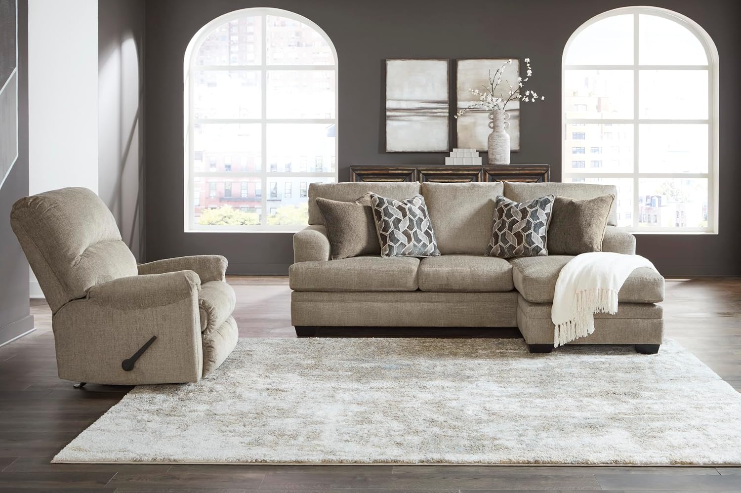 Signature Design by Ashley Stonemeade Casual Right-Arm Facing Sofa Chaise with 4 Toss Pillows, Light Brown