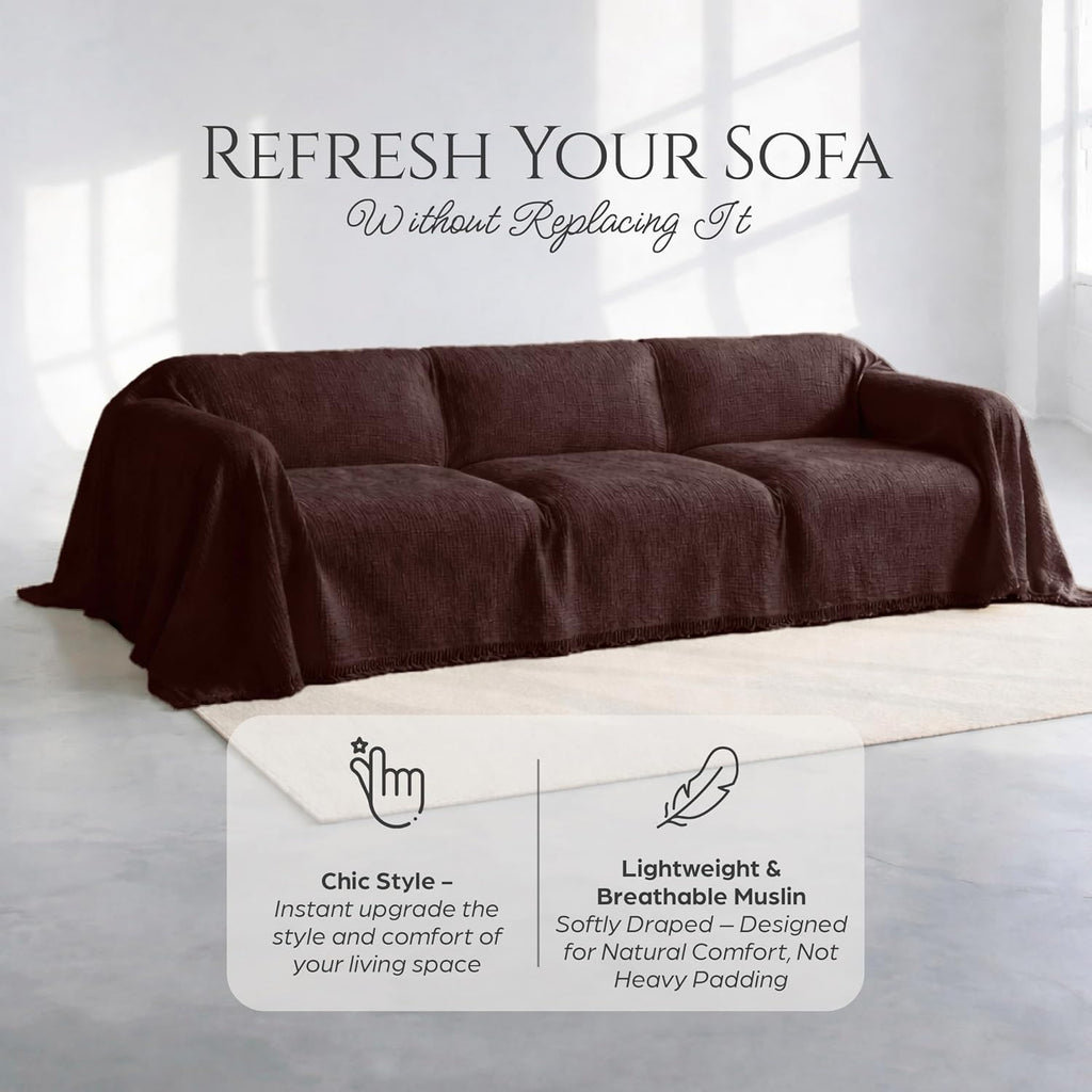 Cloud Like Brown Sofa Cover%100 Pure Cotton, Gauze Couch Covers for 3 Seater, Sectional Sofa, Large 4 Layered Muslin Natural Fabric, Washable Couch Cover (Brown, 95x134 / 240x340 cm)