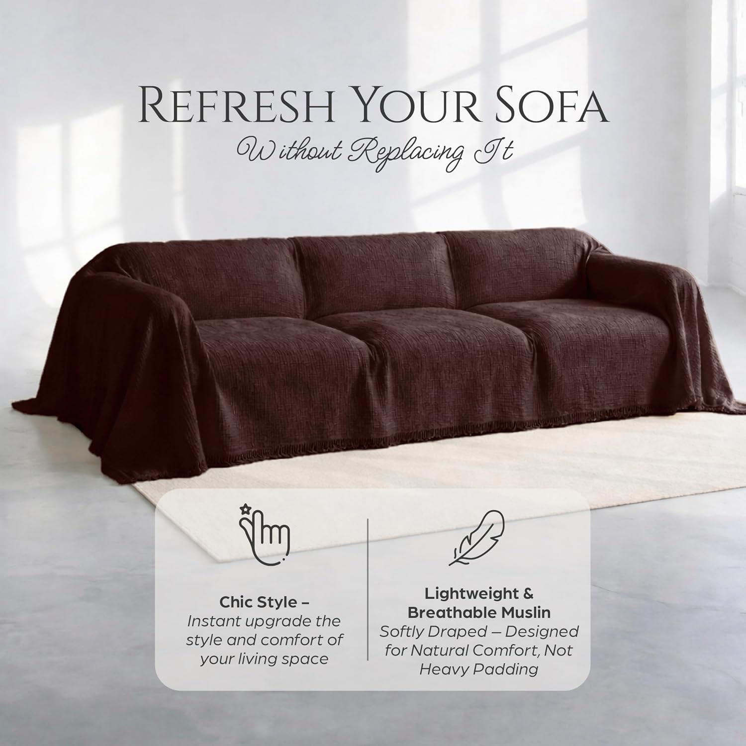 Cloud Like Brown Sofa Cover%100 Pure Cotton, Gauze Couch Covers for 3 Seater, Sectional Sofa, Large 4 Layered Muslin Natural Fabric, Washable Couch Cover (Brown, 95x134 / 240x340 cm)