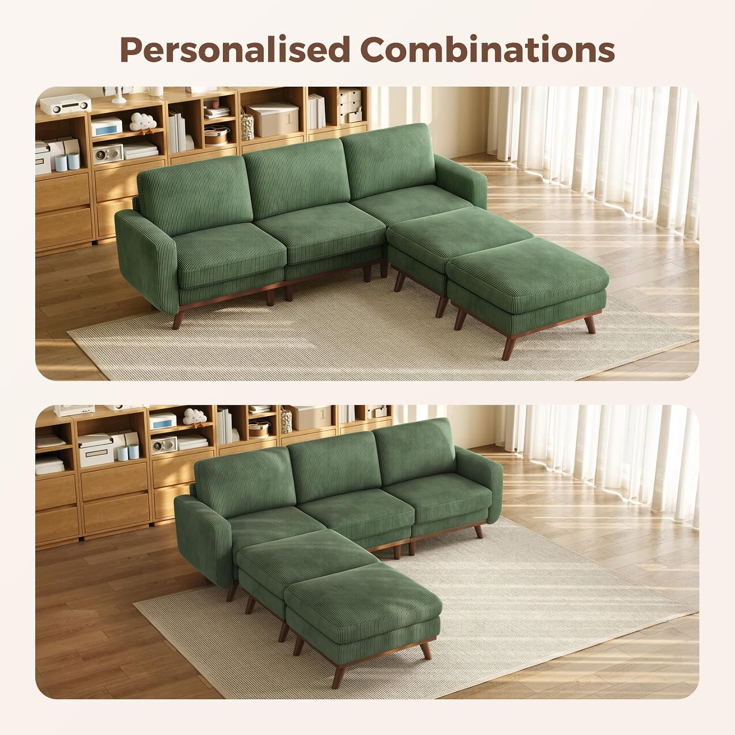 Vesgantti 97' Modular Sectional Sofa Green, U-Shaped Couch with Movable Ottoman, Comfy Corduroy Couch with Spring Cushion, Modular Sofa with Deep Seat for Living Room, Bedroom and Apartment