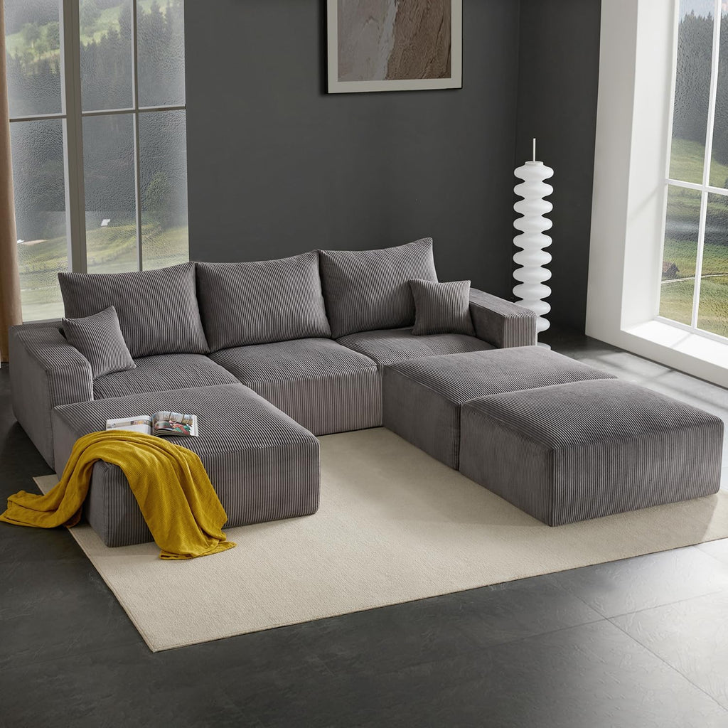 Gericco 113' Modular Sectional Couch, Cloud Boneless Sofa with Deep Seats, Upholstered Corduroy Sofa Bed with Loung Chaise, 3-Seater Couches for Living Room, No Assembly Required, Grey