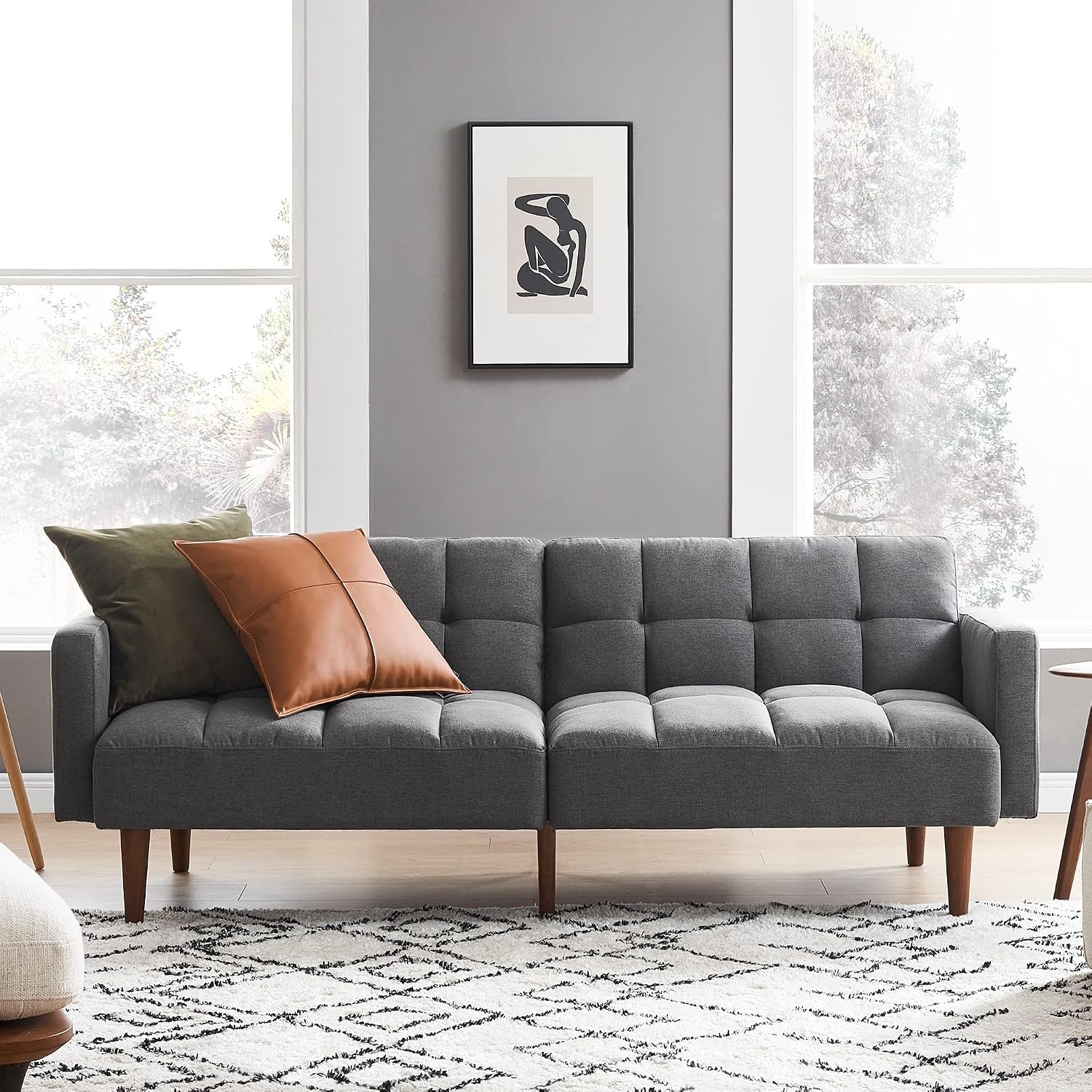 mopio Aaron 76.8' Couch, Small Futon Sofa Bed, Sleeper, Loveseat, Mid Century Modern Futon Couch, Sofa Cama, Couches for Living Room, Bedroom (Dark Grey Fabric)