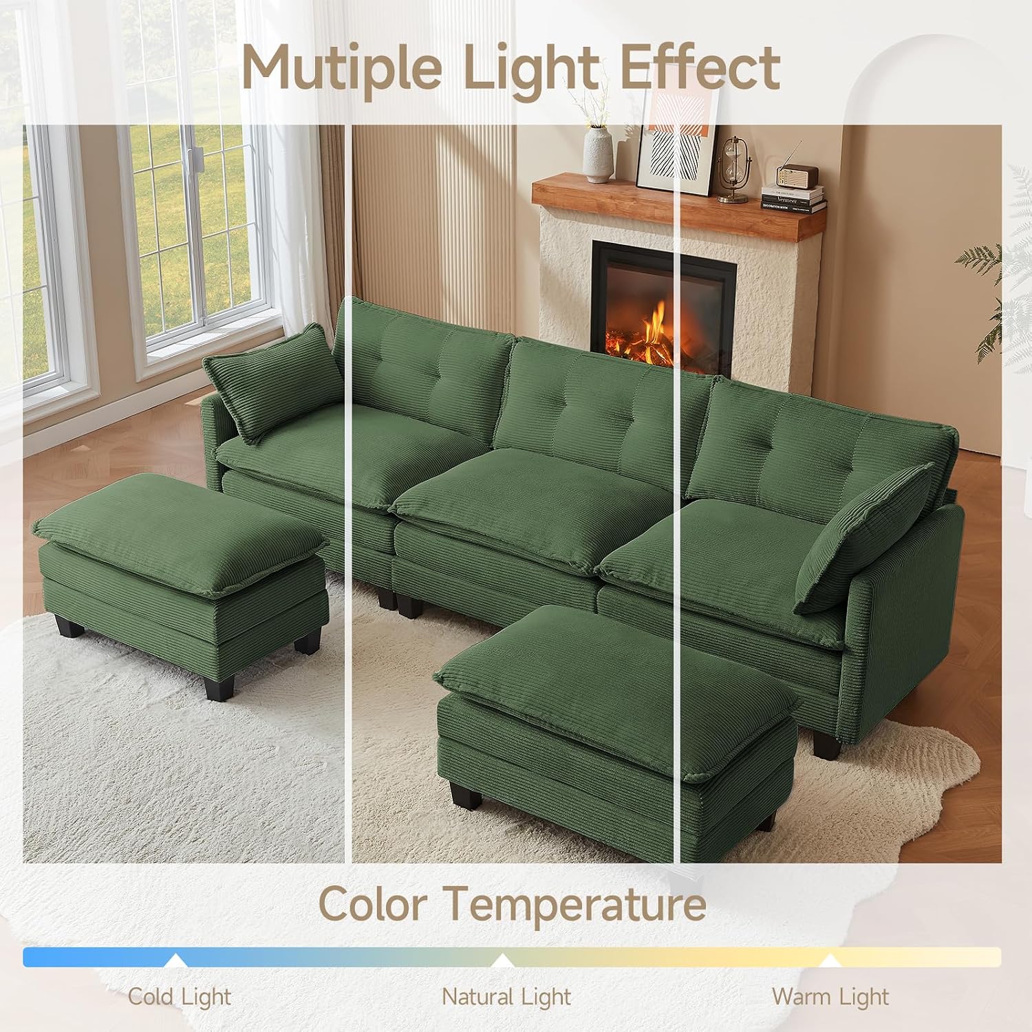 Amsleekey Modular Sectional Sofa, 111.5' U-Shaped Corduroy Comfy Sectional Couches for Living Room, 3-Seater Cloud Couches with 2 Movable Ottomans, Flexible Combination Modern Deep Seat Sofa (Green)