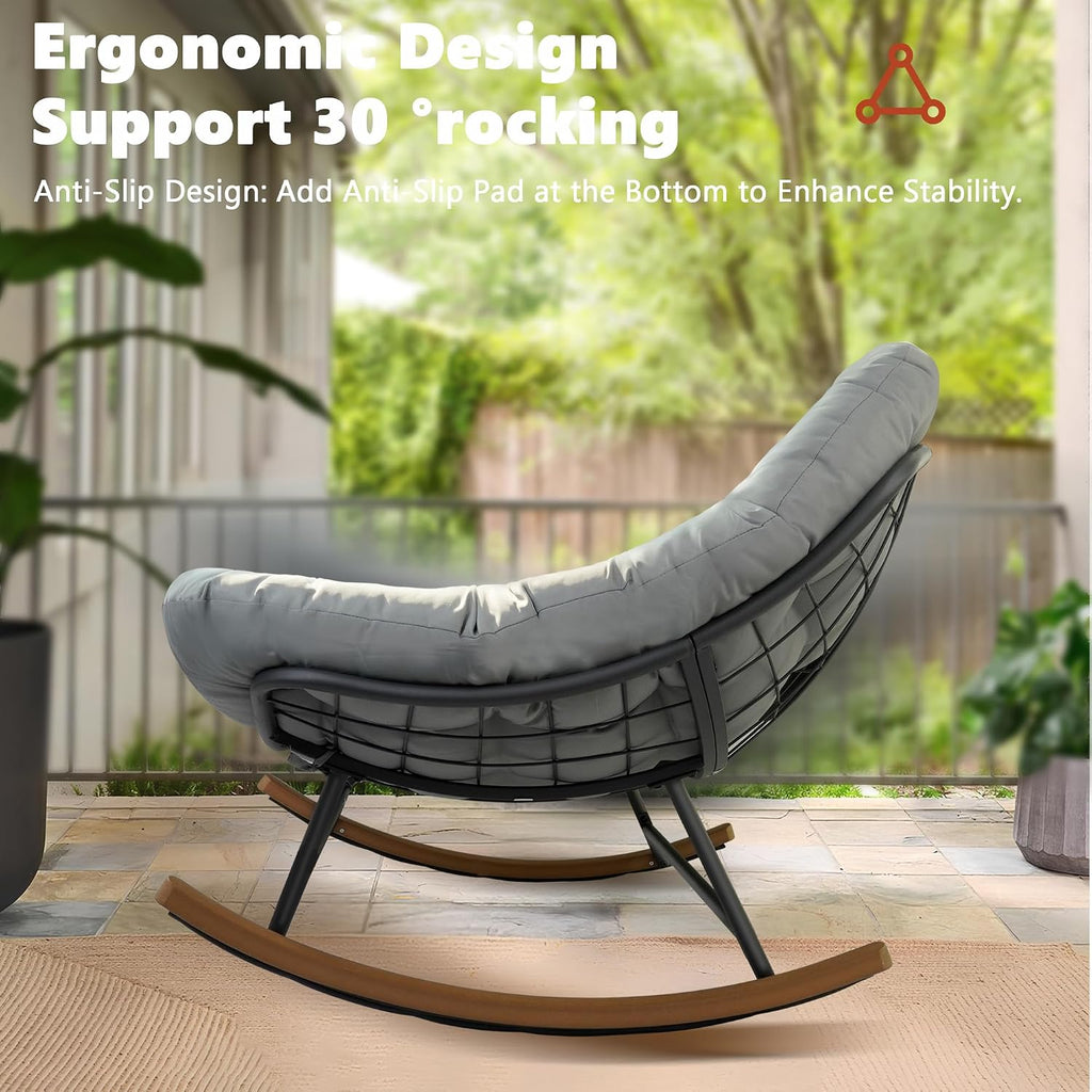 Oversized Double Papasan Rocking Chair Outdoor Indoor for 2, 660 lbs Heavy Duty Patio Rocking Chair with Thick Cushion, Comfy Egg Loveseat Recliner for Balcony Backyard Garden, Grey