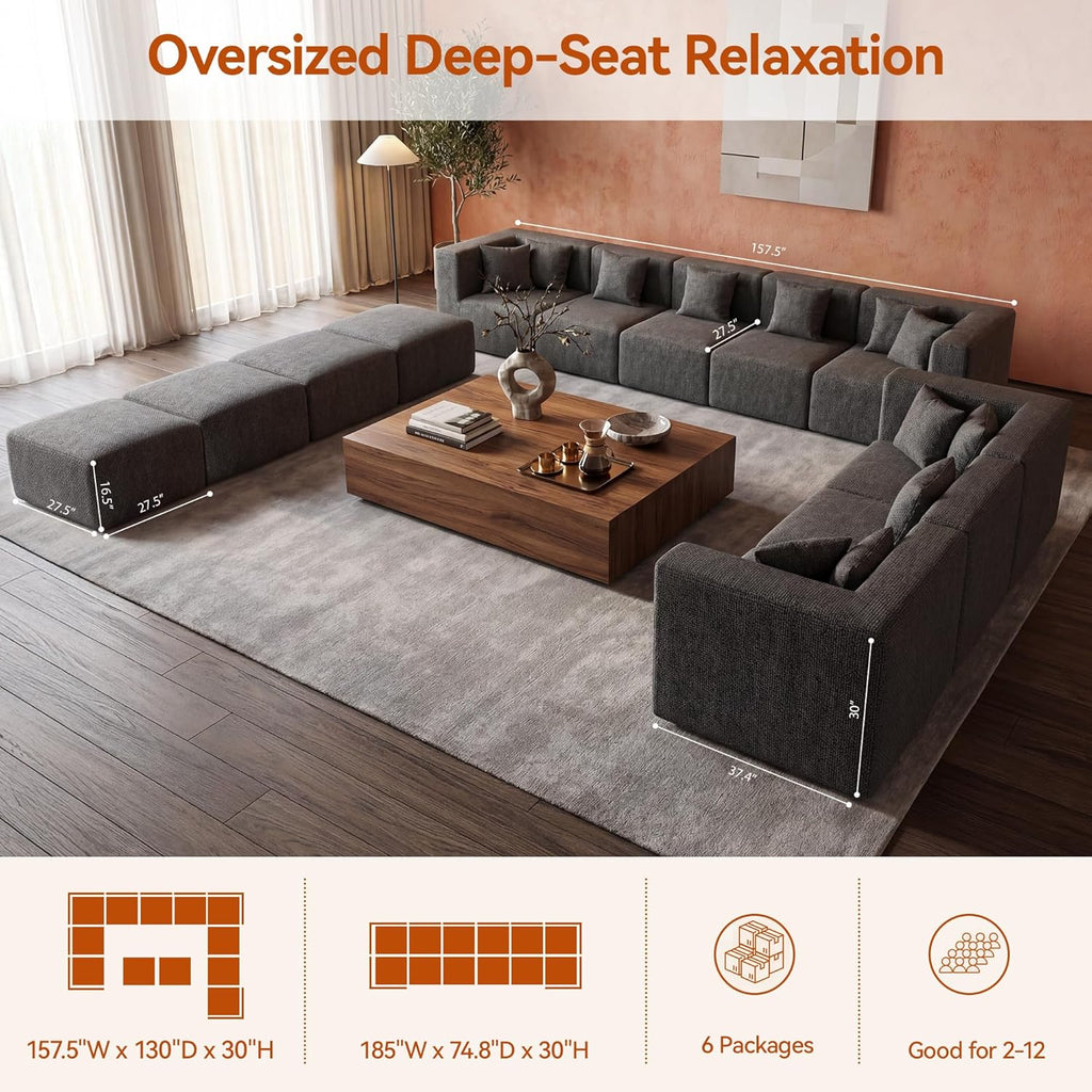 MONVANE Modular Sectional Sofa, Oversized 12 Seat Convertible U Shaped Couch with Ottoman, Comfy Chenille Cloud Couch with Deep Seat, Sectional Couches for Living Room, No Assembly Required, Grey