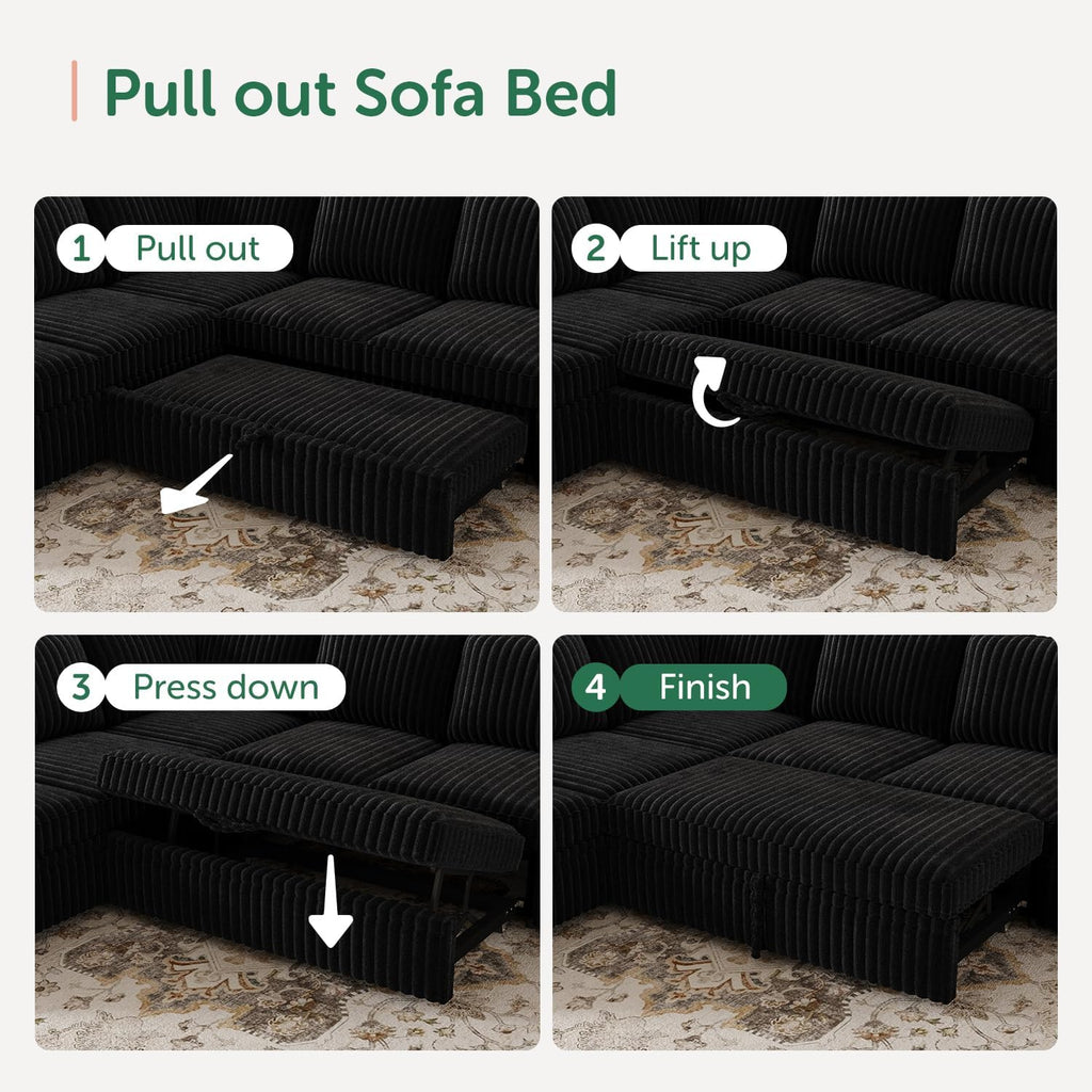 HONBAY Modular Sectional Sleeper Sofa with Pull Out Bed,Corduroy L Shaped Couch with Storage, Sectional Couches for Living Room,Black