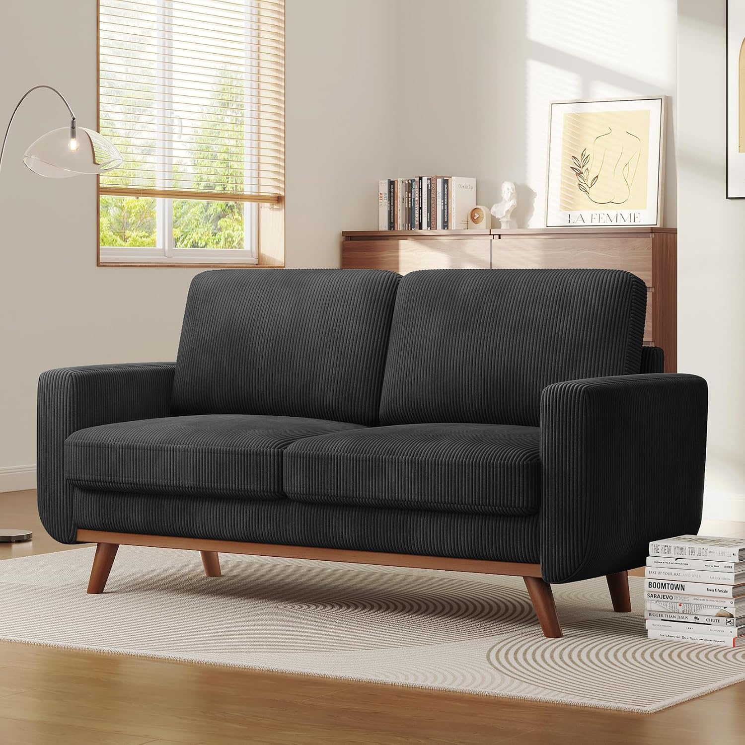 Vesgantti 68' Loveseat Sofa Black, Comfy Corduroy Couch with Spring Cushion and Solid Wood, Modern Extra Deep Seat for Bedroom, Living Room, Office