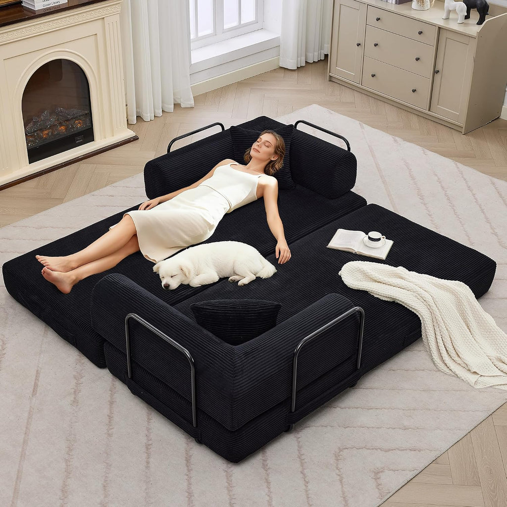 GarveeHome 79' Convertible Sleeper Sofa Bed Couch, 4-in-1 Boneless Corduroy Folding Sofa Bed with Pillow & Fixed-Shape, Floor Mattress Couch Loveseat for Living Room Apartments - No Assembly, Black
