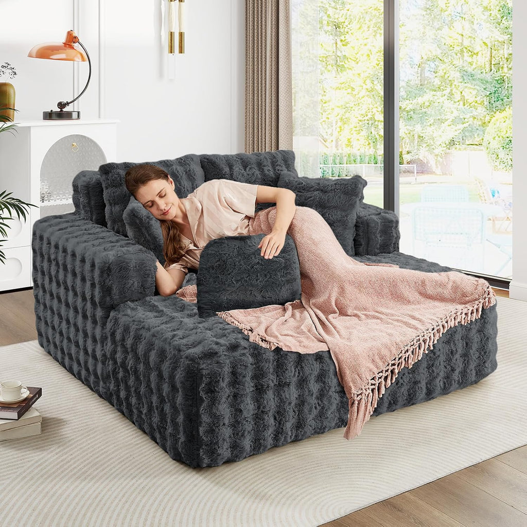 JEEOHEY 56' W Oversized Chaise Lounge Chair Indoor,Plush Faux Fur Sleeper Couch Sofa Bed with Pillows,Fluffy Comfy Cloud Sofa,Compression Foam Boneless Couch for Living Room,Bedroom(Bubble, Grey)