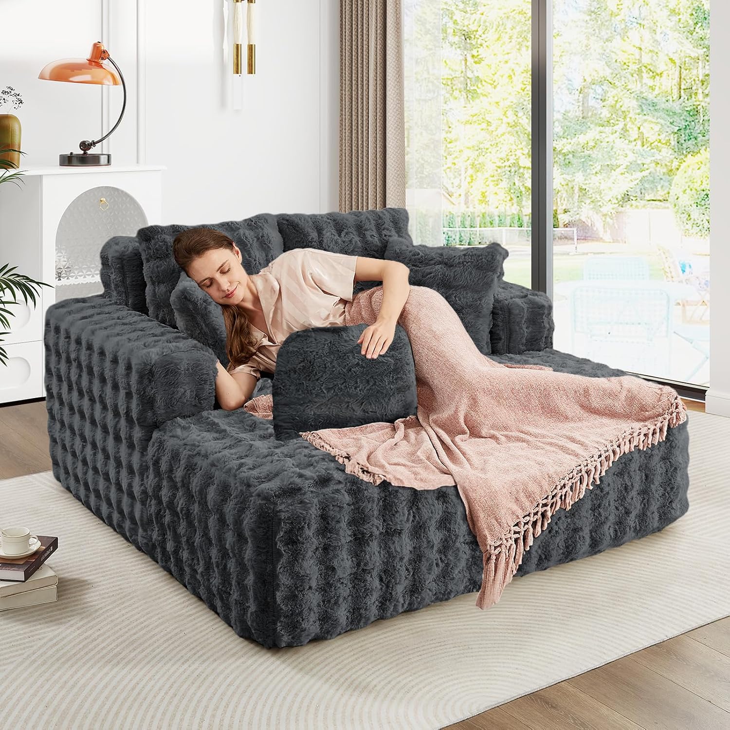 JEEOHEY 56' W Oversized Chaise Lounge Chair Indoor,Plush Faux Fur Sleeper Couch Sofa Bed with Pillows,Fluffy Comfy Cloud Sofa,Compression Foam Boneless Couch for Living Room,Bedroom(Bubble, Grey)