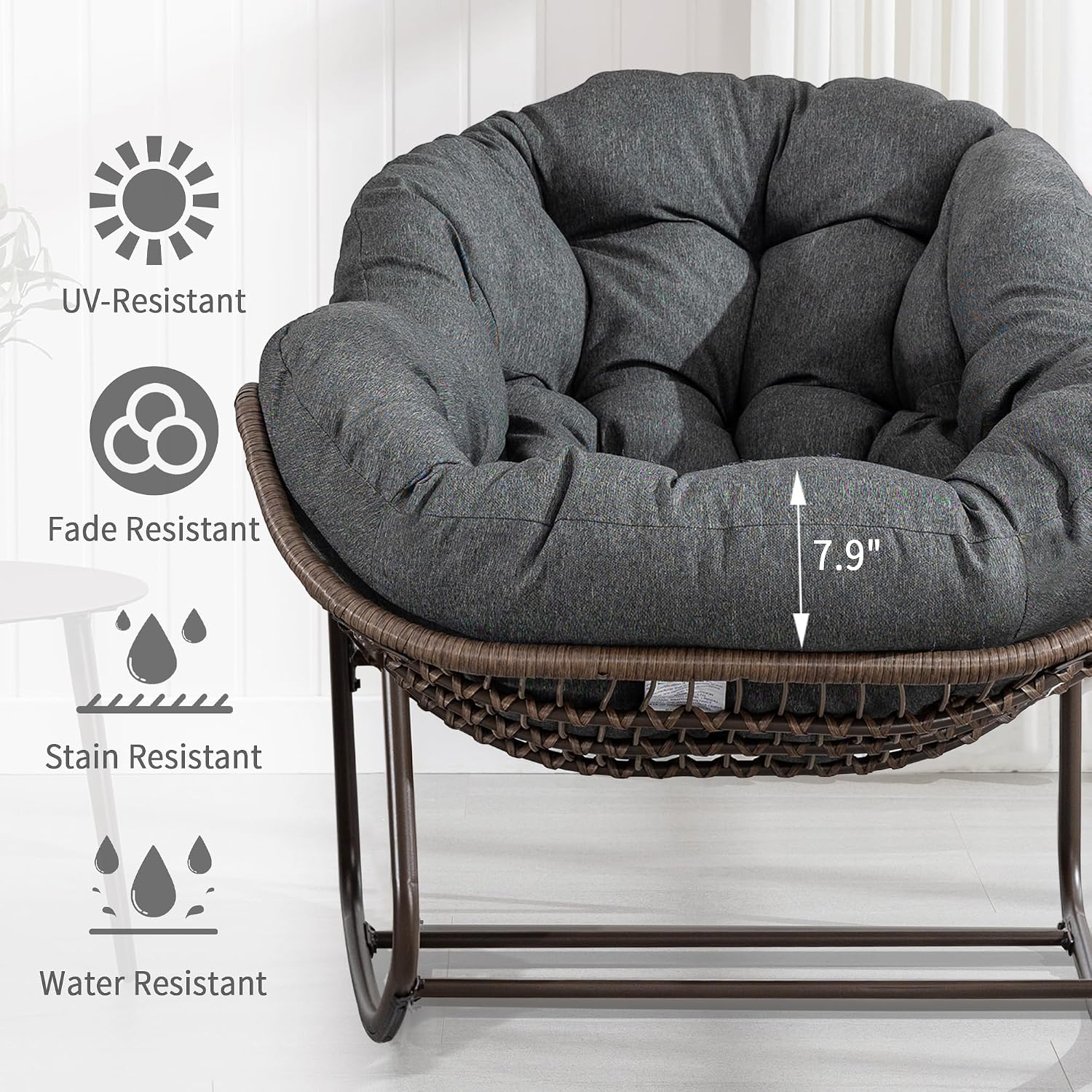 Oversized Papasan Rocking Chair - Outdoor Luxury Comfy Patio Chair Indoor Egg Royal Rattan Rocking Chair with Cushion for Front Porch Lounge Lawn Bedroom Living Room (Grey)