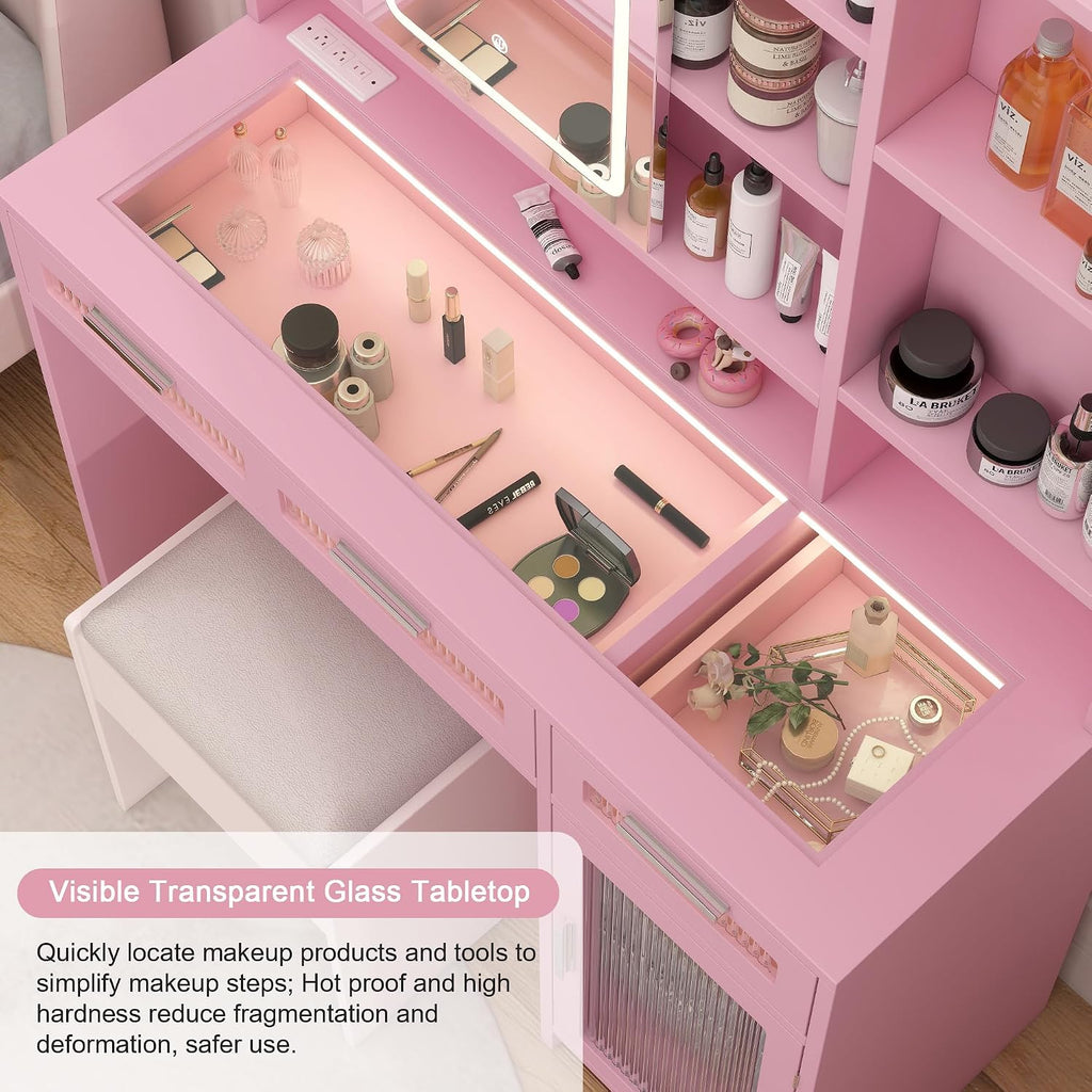Hadulcet Pink Vanity Desk with Mirror and Lights, 43' Makeup Vanity Desk with Glass Top, Power Outlets, 2 Drawers, 10 Shelves & Acrylic Cabinet, LED Vanity Table for Girls Women Gift