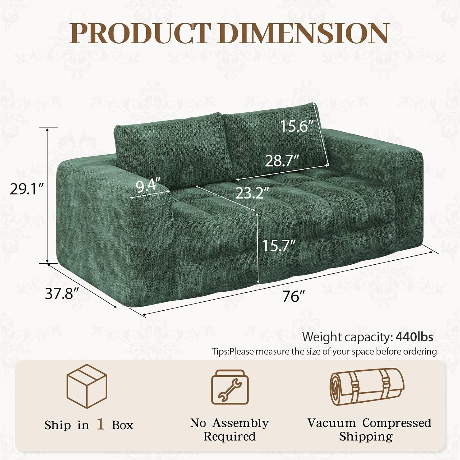 EROMMY 76'' Boneless Couch, 3 Seater Cloud for Living Room, Oversize Loveseat Sofa with Wide Armrest and 2 Back Support, No Assembly Required Chenille Soft Sofa, Dark Green