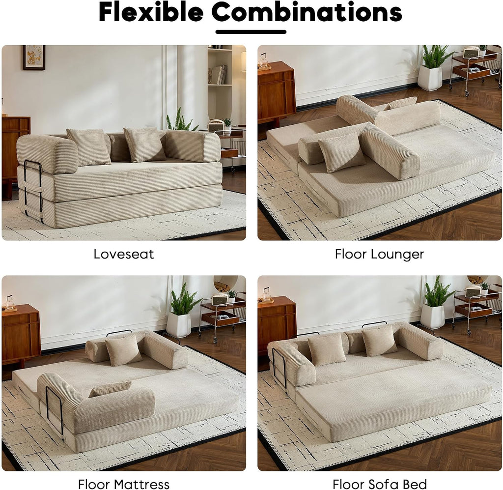 ZEIINPA Corduroy Floor Sofa Bed, Convertible Folding Couch Bed with Fixed-Shape Frame and Armrest for Living Room Bedroom Lounge Studio-Beige