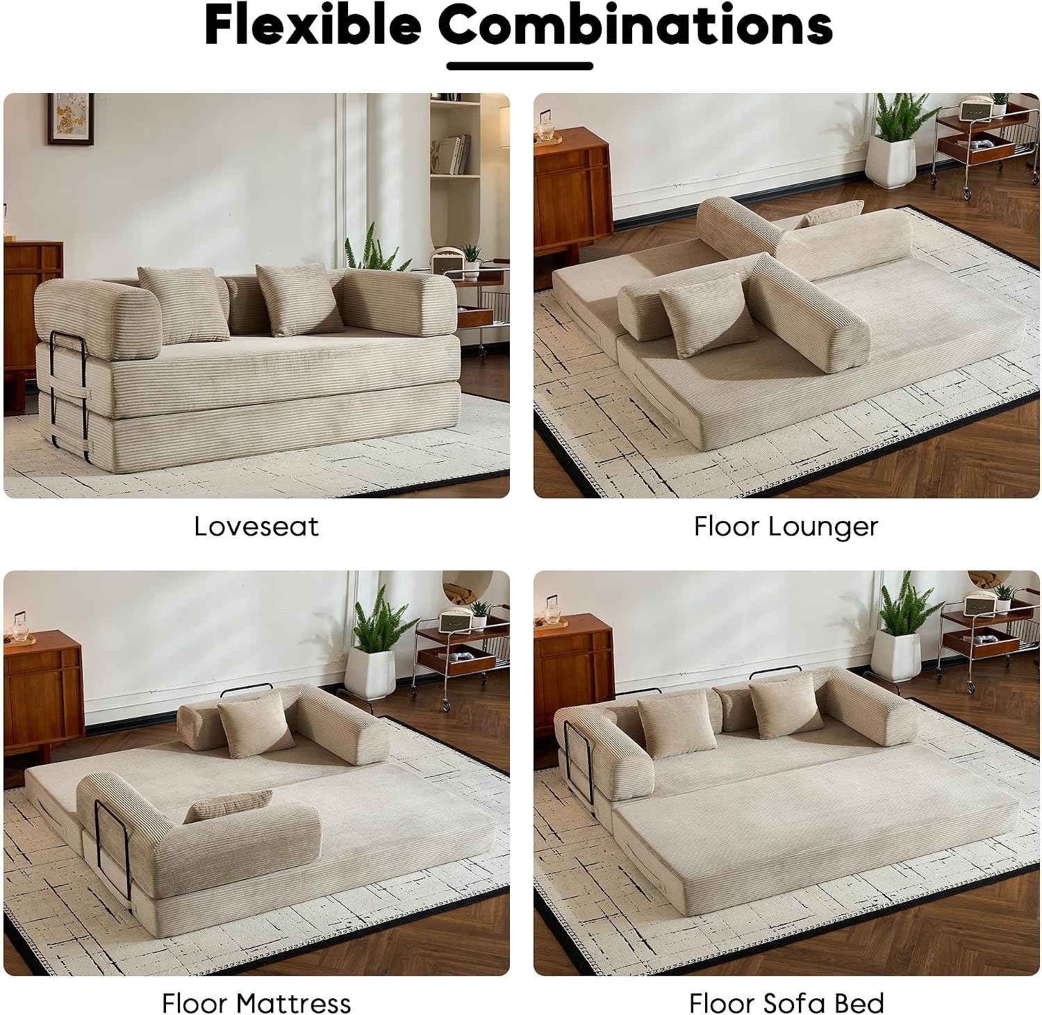 ZEIINPA Corduroy Floor Sofa Bed, Convertible Folding Couch Bed with Fixed-Shape Frame and Armrest for Living Room Bedroom Lounge Studio-Beige