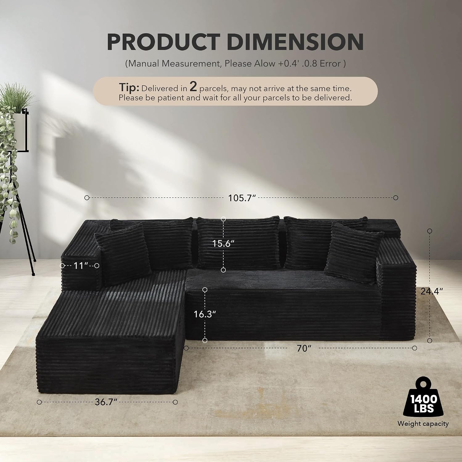 Modular Sectional Sofa Cloud Sectional Couch, 106' Comfy L Shaped Couches for Living Room,Oversized Sofa Sleeper with Deep Seat, No Assembly Required