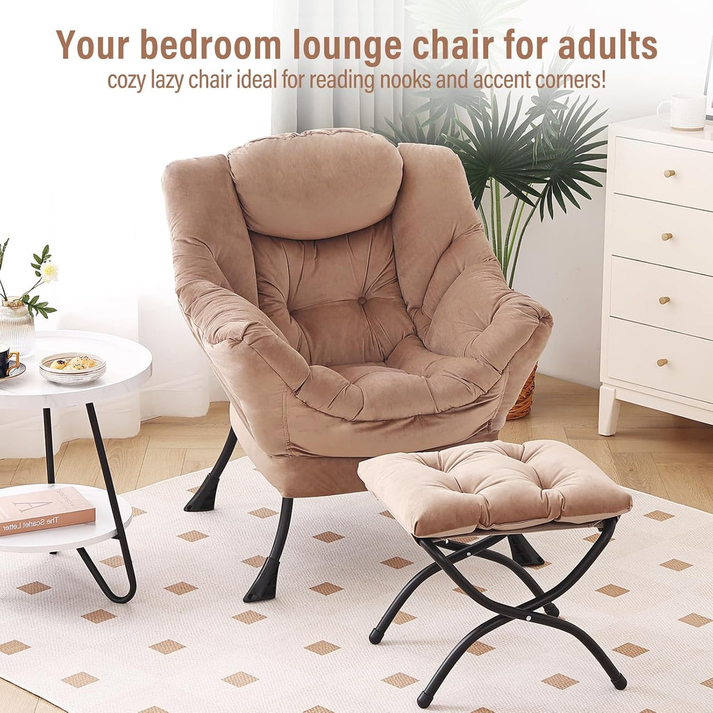 Furlide Lazy Chair with Ottoman, Modern Accent Chair with Armrests and a Side Pocket, Velvet Khaki Accent Chairs, Reading Chairs, Oversized Armchairs for Bedroom, Study, Living Room, Courtyard