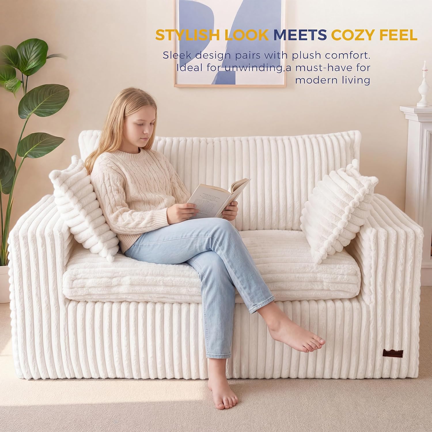 MAXYOYO Bean Bag Sofa Couch, Loveseat Boneless Couch in a Box, Upholstered Small Mini Sofa for Living Room Bedroom Apartment, No Assembly, Beige